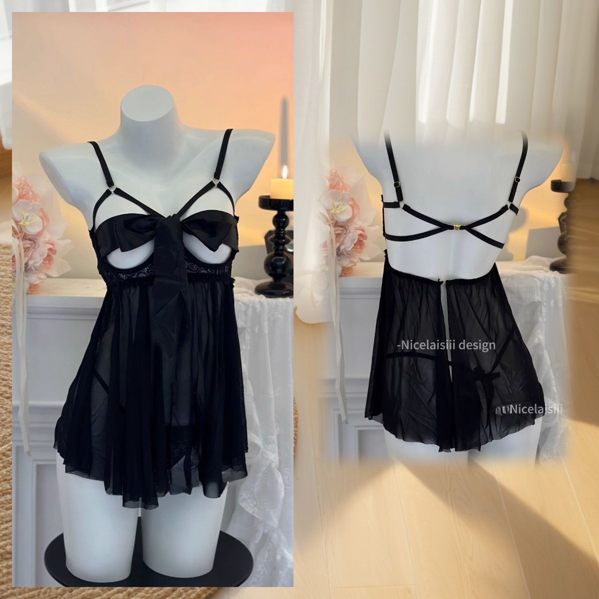 Sexy Bow Tie Cut Out Bra Sleepwear Dress SCD056