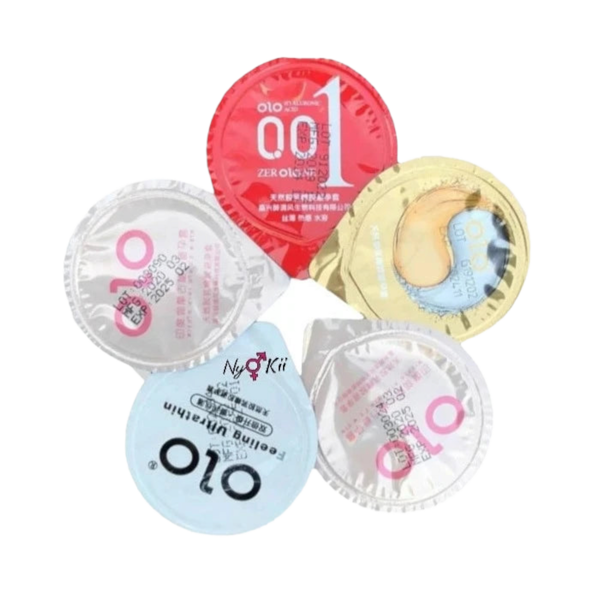 OlO Pack - CD07 | Condom by NyoKII | OlO Condom PackOlO Condom အမျိုးအစား ၅ခု ကိုစုပြီး Package တစ်ခုလုပ်ပေးထားတာပါ ၁မျိူးစီမှာ သူ့ဟာနဲ့သူထူးခြားချက်လေးတွေရှိပါတယ်။ အားလူံးရဲ့ Thickness အထူက 0.01mm ပဲ ရှိပါတယ်။ Size က Normal Size ပါ။ အနီရောင်ကွန်ဒုံးက - မ